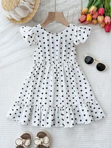 SHEIN Kids Girls Polka Dot Cap Sleeve Princess Dress,White Butterfly Back Elegant Clothes For Family Gatherings,Weddings First Birthday Party Holiday - White - View 6