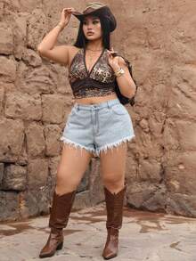 Jeanoix Y2K 时尚休闲水钻装饰宽松毛边牛仔短裤 - 淺色水洗藍 - 查看 5