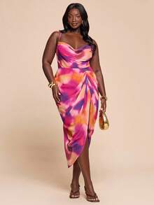 SHEIN BAE Plus Size Women's Tie-Dye Print Mesh Ruched Spaghetti Strap Camisole Dress,Side Slit Hem Pink Summer Beach Holiday Vacation,Y2k Club Outfits - Multicolor - View 6