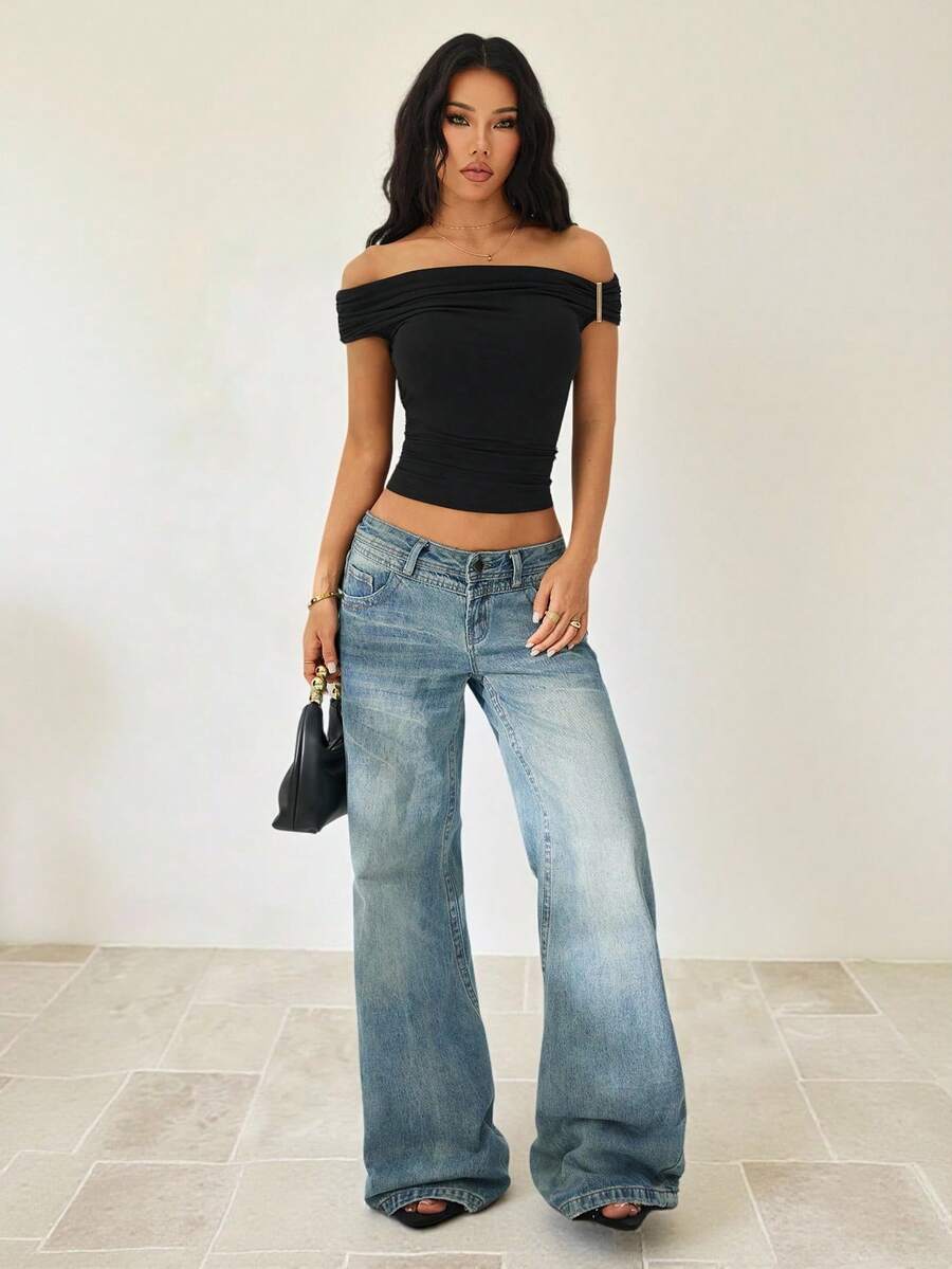 SHEIN PETITE 不对称肩部针织T恤上衣，紫红色黑色上衣