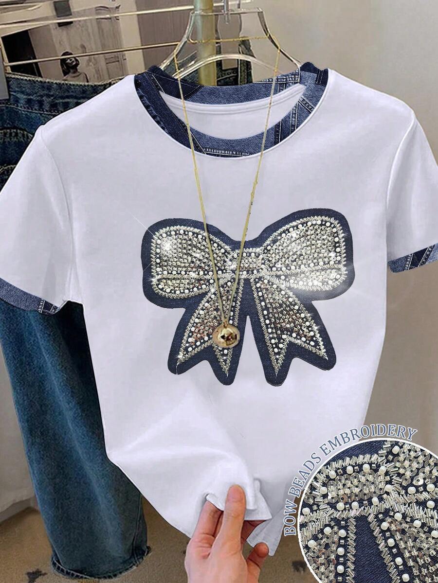 Resyla Digital Denim Effect, Beaded Embroidery Design Women's Casual Short Sleeve Round Neck T-Shirt, A Gift For Friends - White - View 1