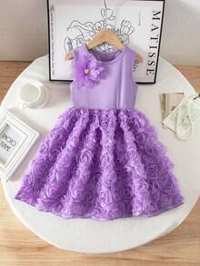 SHEIN Elladie kids 这款紫色优雅无袖连衣裙，裙摆蓬松，胸前饰有3D立体花朵，高腰设计，裙摆飘逸。适合春夏季节生日、节日、派对、舞台表演以及作为公主裙穿着。 - 紫色 - 查看 6