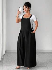 Cravure Plus Size Women Solid Color Pleated Design Casual Jumpsuit - Black - View 5