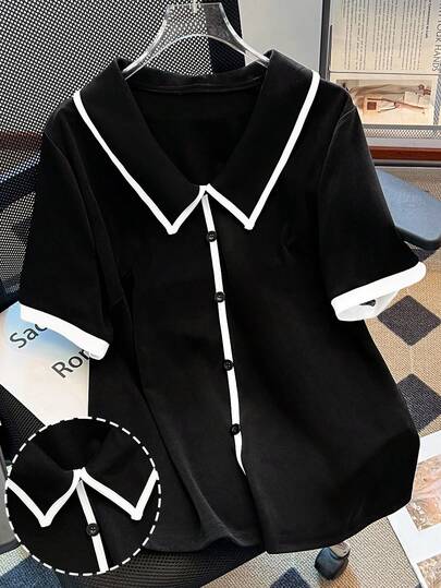 GlowEve CURVE 大码女式春季罗纹针织翻领插肩短袖宽松直筒休闲日常时尚百搭T恤