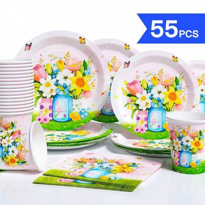 Pink Background Flower Jar Flower Disposable Party Supplies Set, Suitable For 10 Guests, Disposable Paper Tableware, Suitable For Birthday Parties, Weddings, Theme Parties, Family Picnics