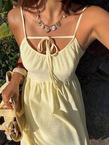 DAZY 女士夏季蕾丝拼接吊带连衣裙，优雅黄色长款度假连衣裙 - 黃色 - 查看 5