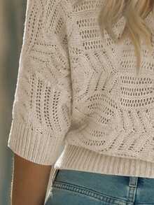 Balvessa All Season New Arrival Loose Fit Crew Neck Raglan Sleeve Ribbed Cuff & Hem Hollow Out Pattern Casual Women Pullover Sweater - Apricot - View 3