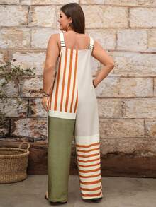 EMERY ROSE Plus Size Women Elegant Loose Fit Jumpsuit With Pockets, Striped Patchwork Design Spring Jumpsuit For Women Women Jump Suit - Multicolor - View 2