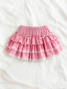 Elamini 1件黑白波点印花低腰蝴蝶结蕾丝荷叶边休闲派对可爱女士迷你裙 - 粉色 - 查看 4