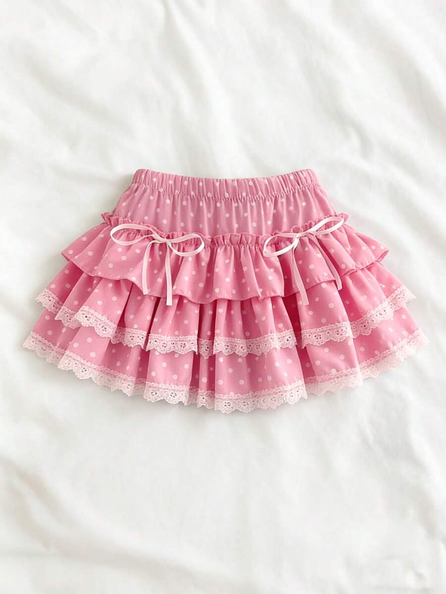 Elamini 1件黑白波点印花低腰蝴蝶结蕾丝荷叶边休闲派对可爱女士迷你裙 - 粉色 - 查看 1