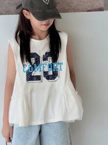 DAZY 少女数字字母印花圆领无袖T恤 夏季 - 白色 - 查看 3