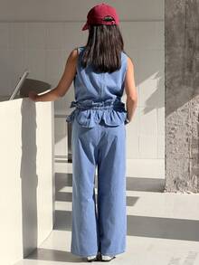 DAZY Tween Girl Casual Vacation Style Fashion Street Peplum Waist Sleeveless Denim Jumpsuit, Spring/Summer - Blue - View 7