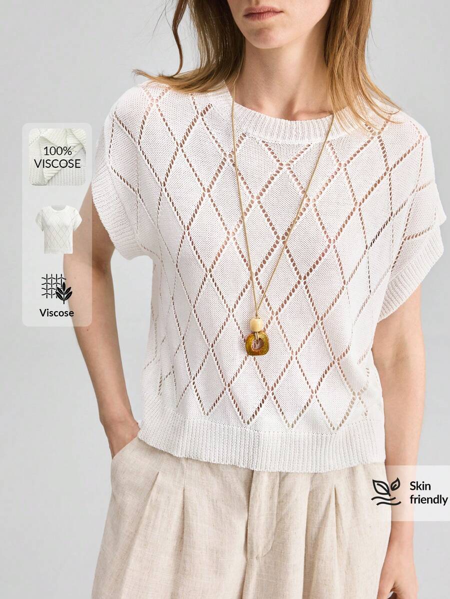 Ontre Loose Slouchy Diamond Hollow Knit Sweater - Beige - View 1