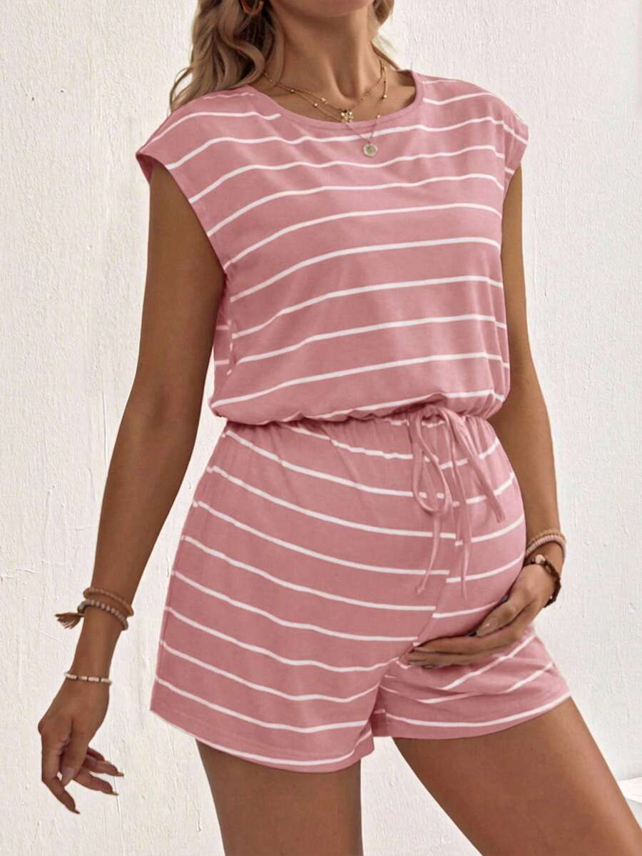 SHEIN Maternity Casual Striped Round Neck Waist Jumpsuit, Summer - Pink - View 1