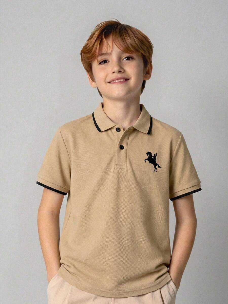 SHEIN Tween Boy Collared Solid Color Short Sleeve Polo Shirt Summer Y2k Vacation Goth Gothic Streetwear Sumwon Burgundy Holiday Vintage Boho Festival Gras Party Cute Birthday Boys Modest Home Casual Cozy - Khaki - View 1