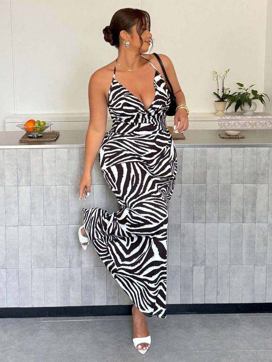 Firerie 女士优雅时尚休闲斑马纹垂褶领长连衣裙，适合日常穿着、音乐节和郊游 - 黑與白 - 查看 1