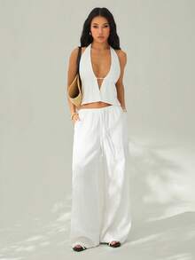 SHEIN PETITE 两件套服装，包括系带露背吊带背心和阔腿抽绳裤，适合夜店、度假、海滩、锐舞派对、夏威夷海岛度假等场合。 - 白色 - 查看 6