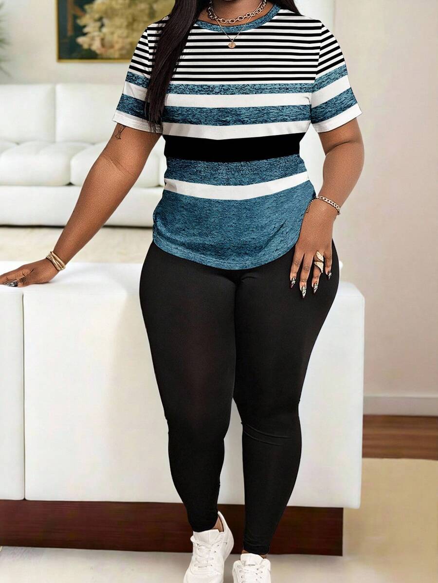 Maweii 大码复古条纹T恤和打底裤套装，显瘦时尚印花两件套 - 彩色 - 查看 1