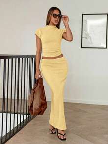 Siren Gaze Women's Solid Color Mandarin Collar Cap Sleeve T-Shirt And Long Fitted Midi Skirt 2 Pieces Set Yellow Two Piece Set Two Piece Set Women Comfy Two Piece Set Women Short Sleeve Yellow Sets For Women Comfortable Two Piece Set - Light Yellow - View 2