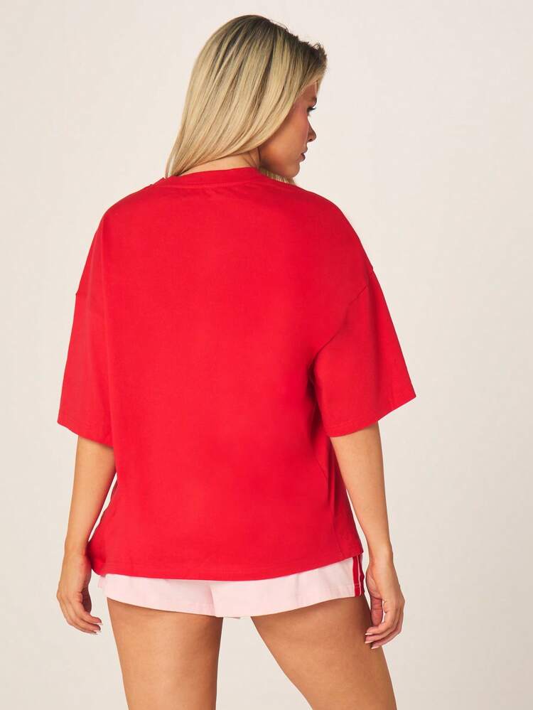 Missguided x Playboy Women's Bunny Logo Oversized Red T-Shirt With White Text Print Short Sleeve Casual Street Style Cotton Tee