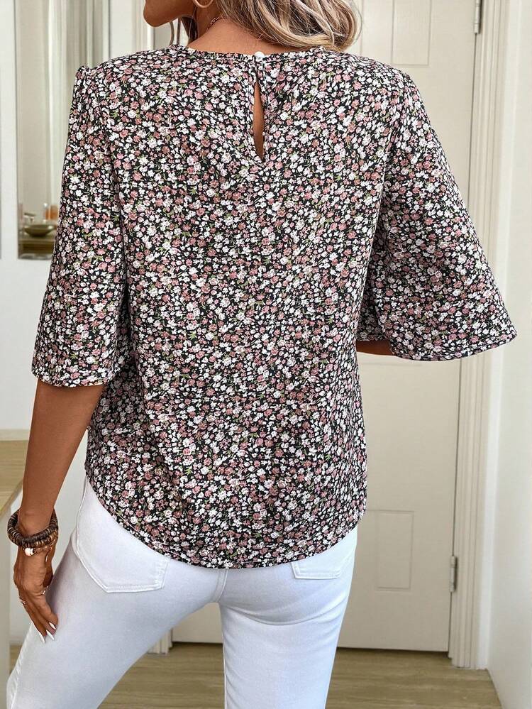 Casual Vacation Teacher Work Wear Shirt, Ruffle Puff Sleeves, Ditsy Floral For Women, Autumn,Three Quarter Sleeve Tops