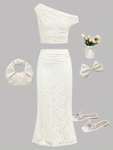 SHEIN Girlism 少女杏色优雅休闲蕾丝边不对称肩短袖T恤和半裙套装 - 杏色 - 查看 3