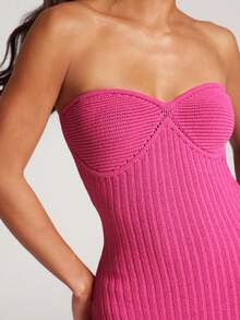 NYA SZN Dress Sleeveless Strapless V Neck Fitted Bodycon Textured Pink Fringe Hem Detail Outfits For Women - Hot Pink - View 4