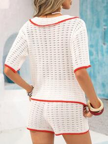 Vivid Eden 女士度假休闲撞色滚边镂空针织上衣和短裤两件套 - 白色 - 查看 2