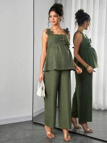 Momance 2pcs Maternity Sleeveless Shirred A-Line Floral Print Tank Top & Straight Leg Pants Set - Army Green - View 4