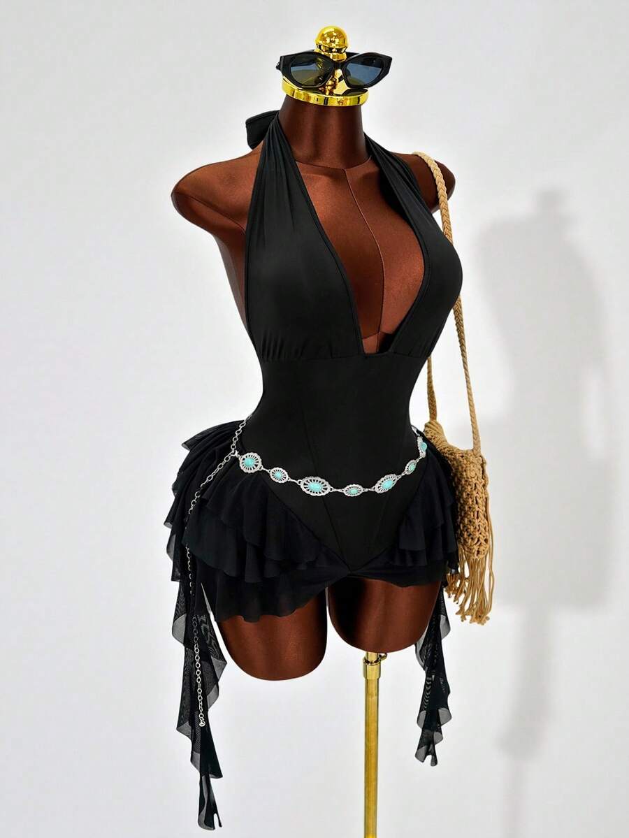 Mistrie Sexy Halter Jumpsuit, Deep V Backless Design, Mesh Ruffle Asymmetrical Hem, Slim Fit Bodycon Style - Black - View 1
