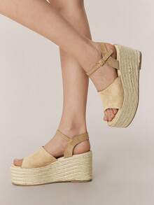 Styleloop Women's Platform Wedge Sandals, Summer Open Toe Bohemian Holiday Sandals, Woven Rope Roman Beach Sandals With One-Strap Buckle, Suitable For Holiday Season, Spring/Summer, Bohemian & Resort Style - Khaki - View 6