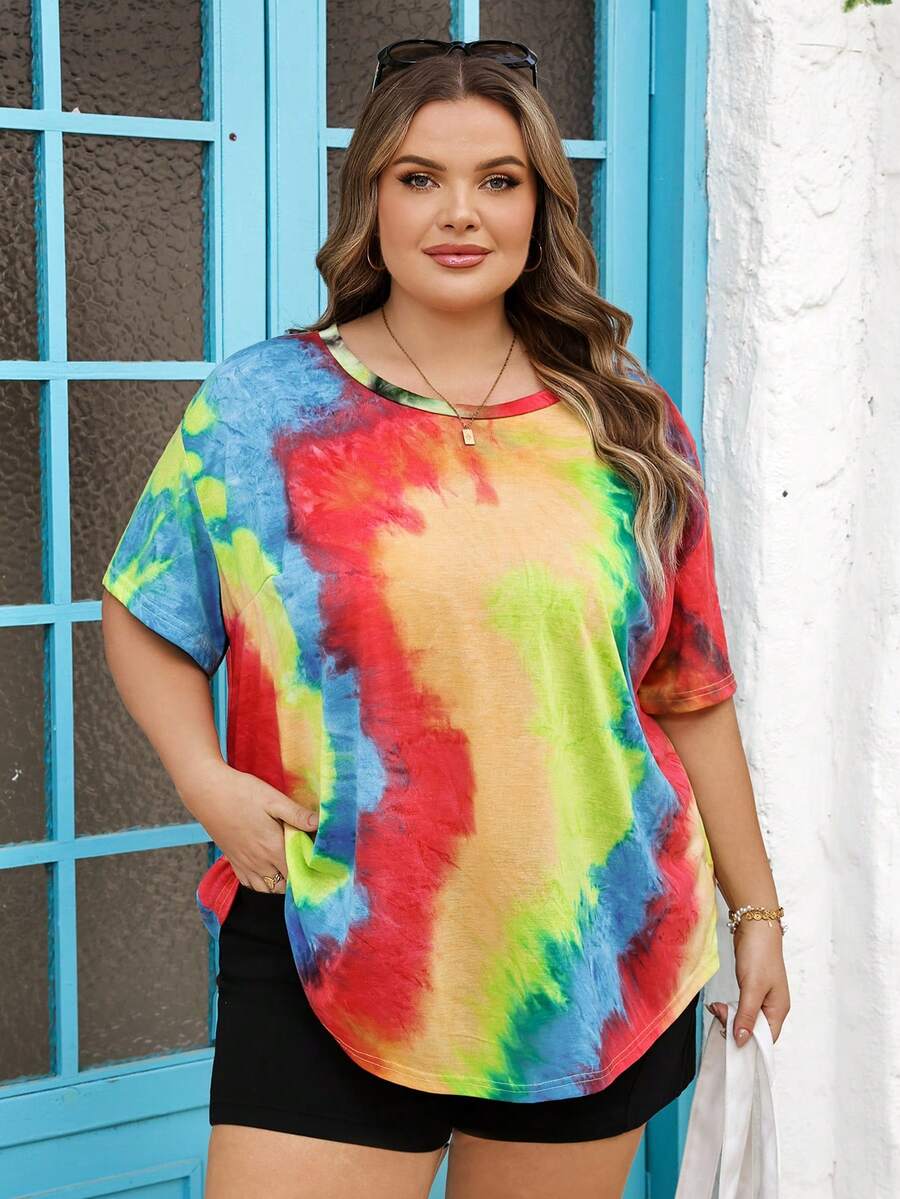 SHEIN CURVE+ Áo thun nữ cỡ lớn họa tiết nhuộm tie-dye ngẫu nhiên, vạt cong - Nhiều màu - Xem 1