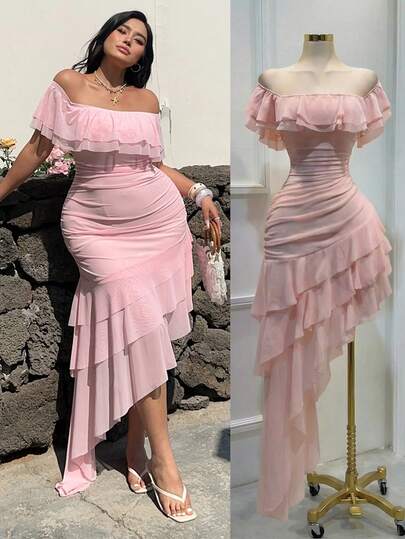 Sunnyshic Vestido de fiesta, boda, vacaciones, talla grande con hombros descubiertos, volantes en el bajo, asimétrico, de malla fluida, vintage y lindo, color rosa