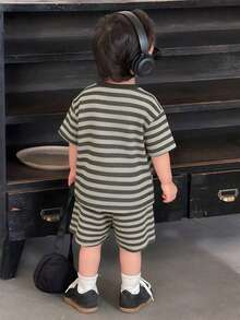 DAZY 男嬰條紋圓領短袖T恤與短褲休閒日常套裝 夏季幼兒 - 灰色 - 查看 2