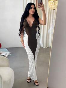 SHEIN SXY 女士深V领褶皱撞色拼接紧身吊带连衣裙 - 彩色 - 查看 8