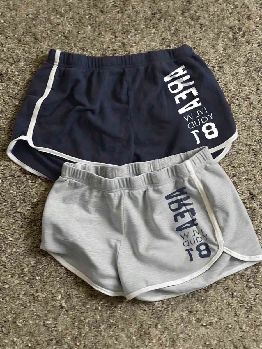 Glimmora Bộ 2 quần short nữ in chữ, phối màu tương phản, thoải mái cho mặc hàng ngày và ngoài trời. - Nhiều màu - Xem 1