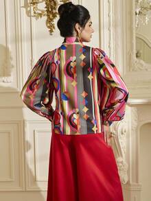 LOTSLUV Áo sơ mi dài tay dáng rộng in hình trái tim và họa tiết trừu tượng lấy cảm hứng từ Ấn Độ, thích hợp cho Ngày Valentine, dành cho nữ. - Nhiều màu - Xem 2