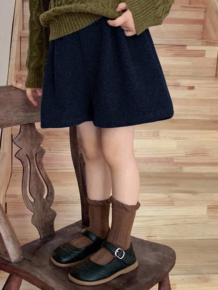 Dazy Kids 女童纯色羊毛混纺休闲短裤,秋冬夏季款 - 黑色 - 查看 1