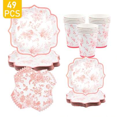 Red Four-Corner Lace Blue And White Porcelain Disposable Plates, Napkins And Cups Set For 8 Guests. This Disposable Party Supplies Set, Including Plates, Napkins And Cups, Is Perfect For Birthday Parties, Weddings And Family Picnics.
