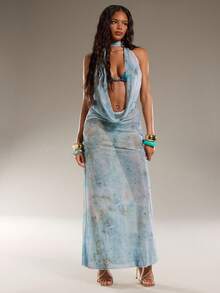 Normani Damen Neues Sommerkleid, Batik-Muster Boho transparente Strandabdeckung, elegantes, sexy, romantisches Retro-Kleid mit tiefem Rückenausschnitt und Raffung am Ausschnitt, Damen Resort-Bekleidung, Damen Strandkleid, Wickelkleider für Damen, Damenkleider - Verschiedenfarbig - Übersicht 3