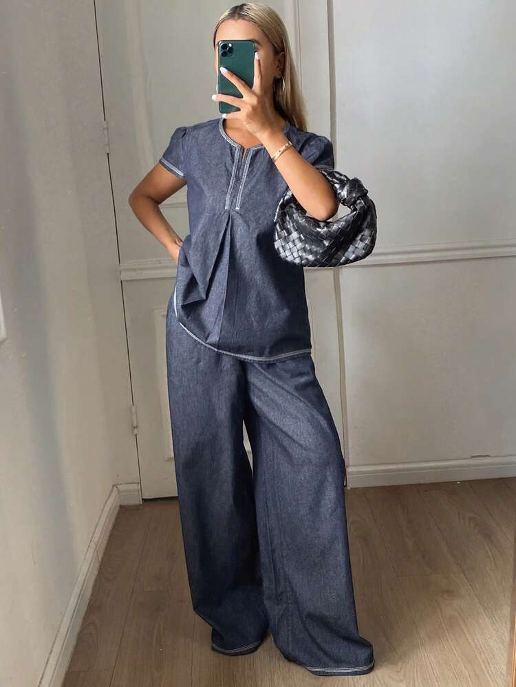 Women's Round Neck Short Sleeve Denim Top And Loose Straight Leg Jeans Casual Vacation Outfit