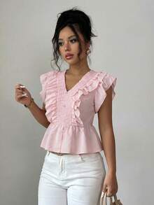 Elenzga Blusa de estilo dulce con volantes en el bajo, talla estándar para mujer, primavera/verano - Rosa - Ver 4