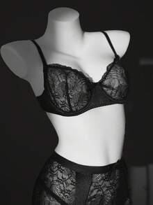 5pcs Romantic Lace Patchwork Satin Padded Bra Set Lingerie Set - Black - View 8