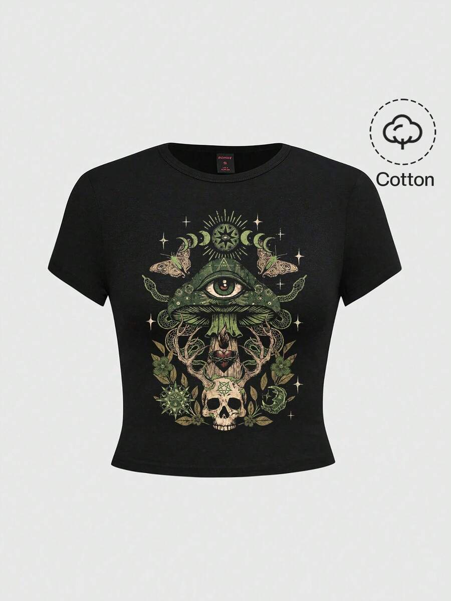 ROMWE Áo thun nữ họa tiết Vườn Bách thảo Gothic với hình nấm, mặt trời, mặt trăng, các vì sao, đầu lâu hippie, nấm, dơi, bướm đêm, bướm ngày, hoa hồng, thích hợp cho mùa xuân và mùa hè, ngày Valentine. - màu đen - Xem 1