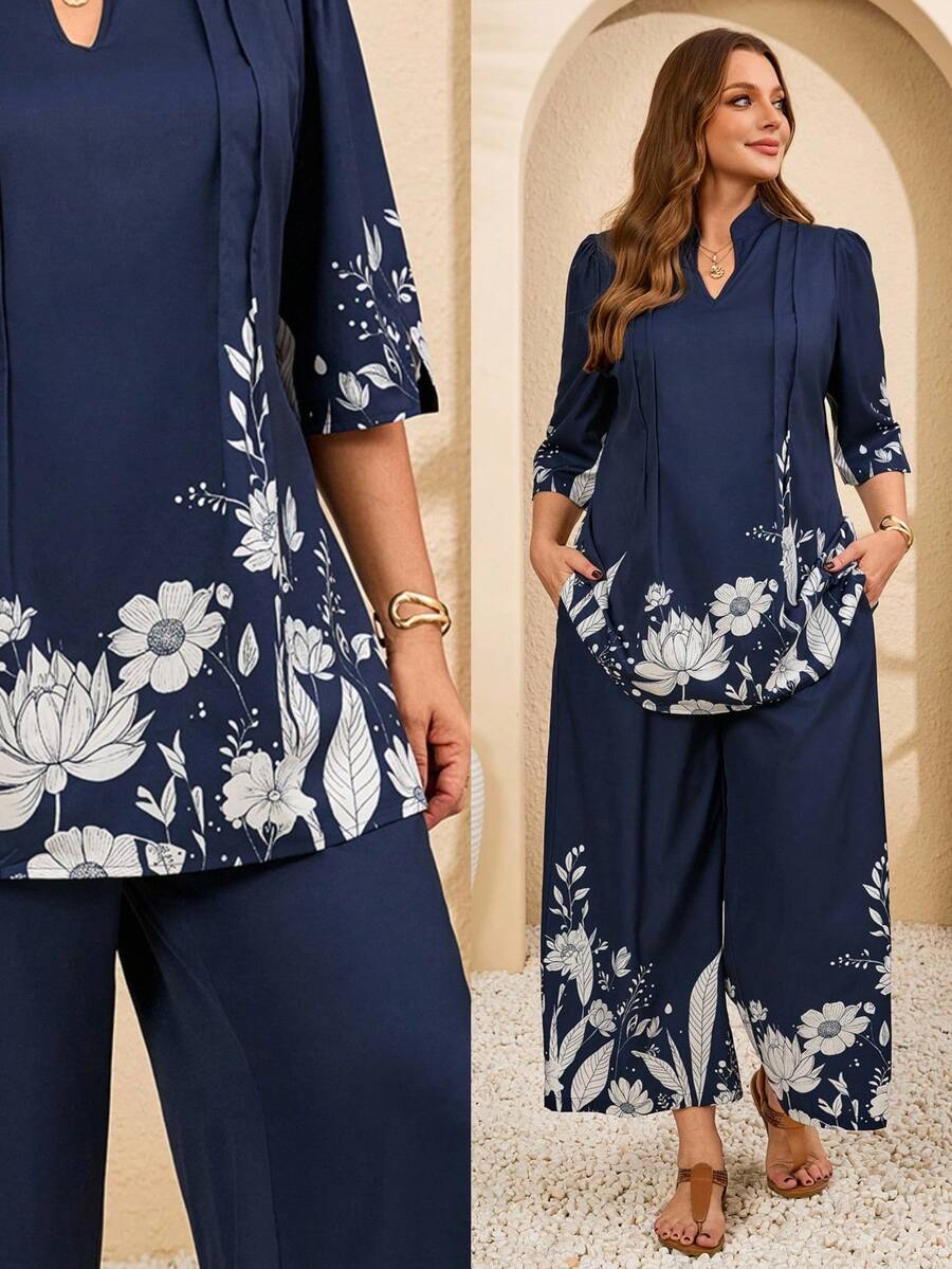 EMERY ROSE Conjunto de 2 piezas de camisa y pantalón de talla grande con estampado floral en azul marino - Azul Marino - Ver 1