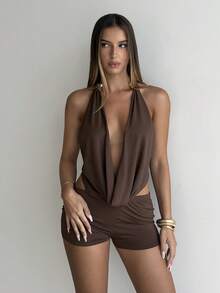 Aloruh 春夏新款性感波西米亚热带风情深V领露背金属点缀连体裤，适合海滩度假、婚礼宾客、毕业早午餐、音乐节等场合。 - 棕色 - 查看 7