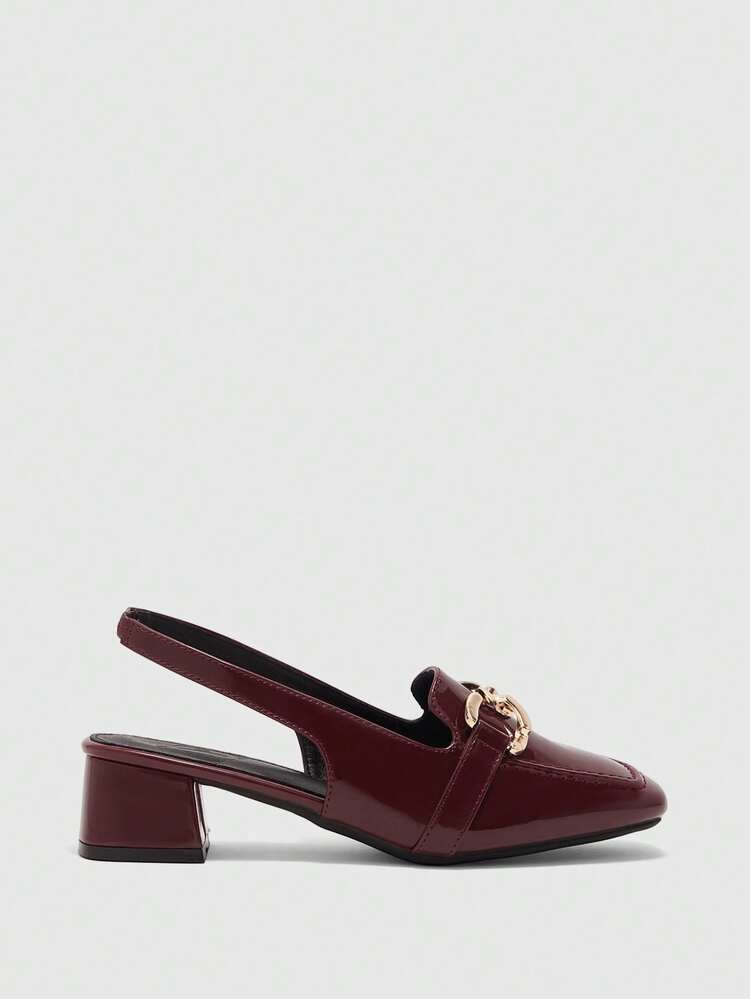 CUCCOO BIZCHIC Women Shoes Square Heel Metal Buckle Burgundy Mirror Fashion Simple Women's High Heel Shoes Back Belt Shoes Vacation Wear Versatile Commuter Wear Old Money Style Wear Spring Shoes