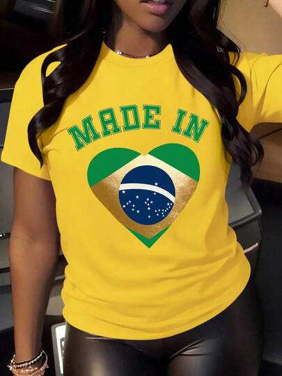 DrmWander Plus Size Women Letter Print Round Neck Short Sleeve Casual T-Shirt