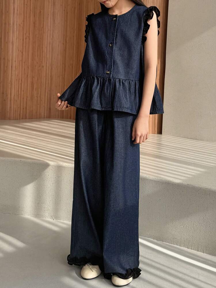 Tween Girl Summer Patchwork Ruffle Hem Casual Denim Tank Top And Jeans Set
