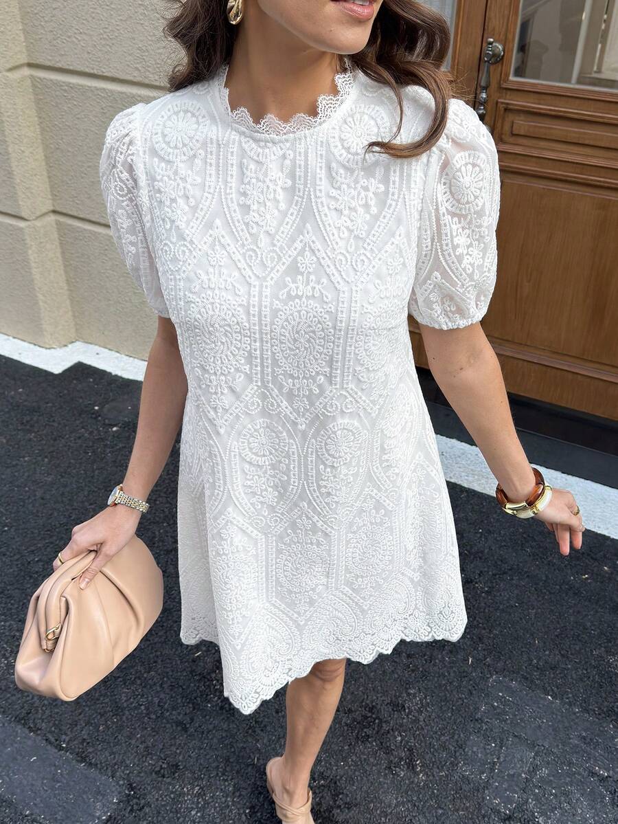 Solivie Women's Elegant Solid Color Embroidered Mini Dress, Summer - White - View 1